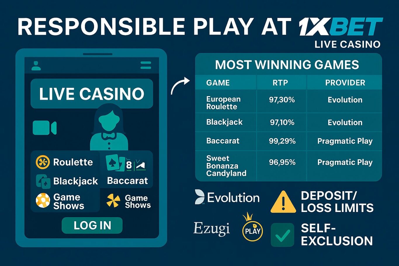 Visual guide to 1xBet Live Casino games like Blackjack and Roulette, with deposit limits and self-exclusion features