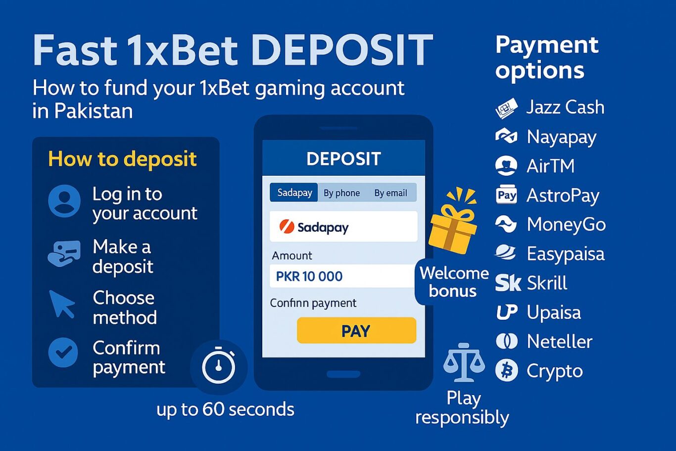Infographic showing Fast 1xBet Deposit steps, PKR payments, and supported methods like JazzCash, Easypaisa, Skrill, and crypto