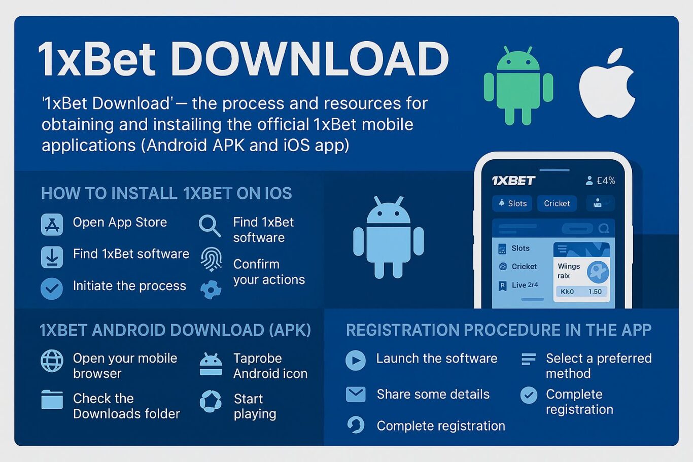 Image showing 1xBet Download instructions and app interface with live odds and casino access
