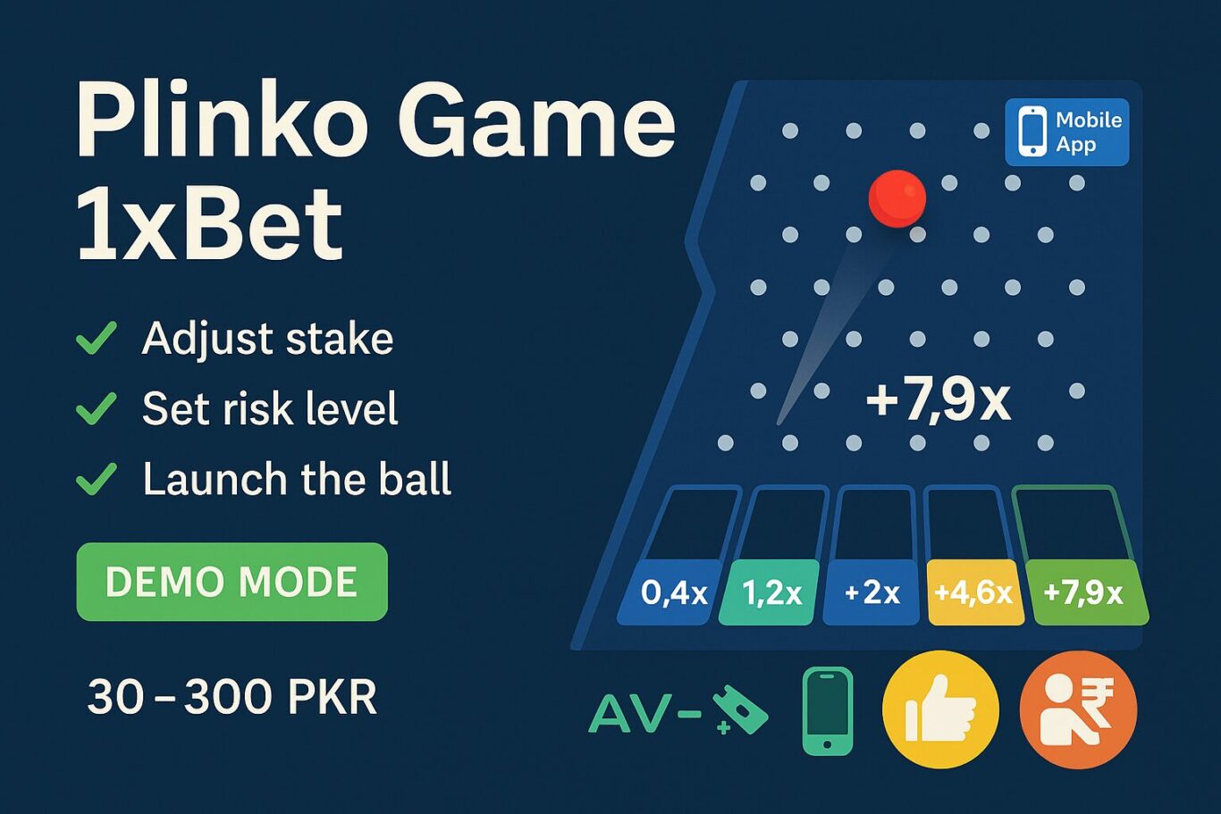 Image showing Plinko ball drop, triangular peg grid, multiplier cells and responsible play icons