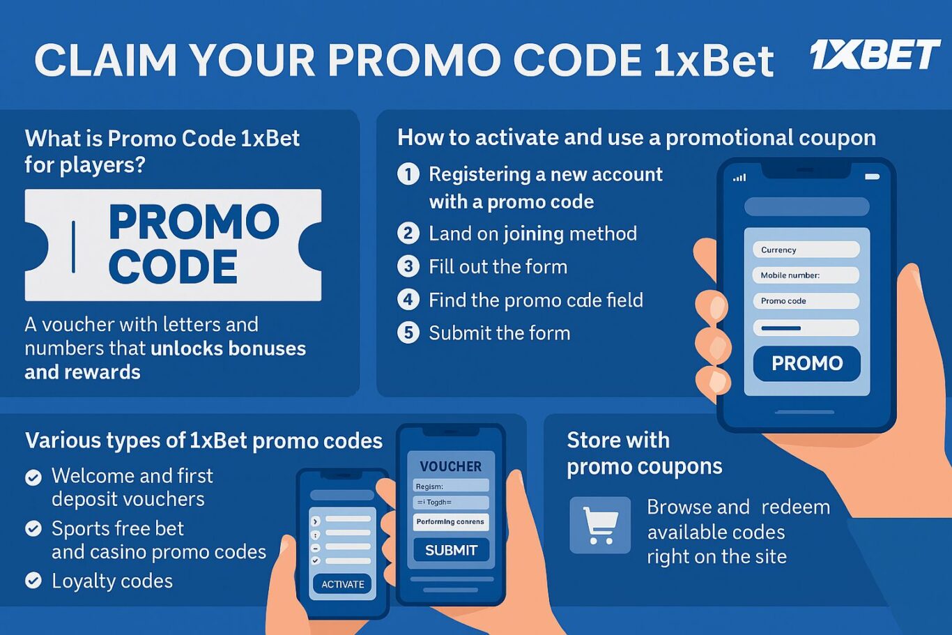 Illustration of Promo Code 1xBet activation, promo store access, and bonus categories