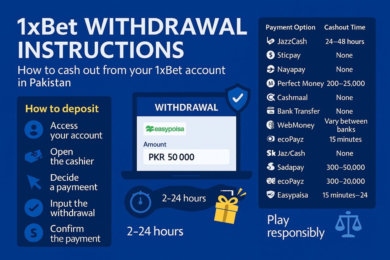 Infographic showing 1xBet Withdrawal steps, payment methods, limits, and processing times for Pakistani users